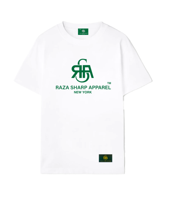 The Raza Sharp Apparel- white Tee/Green logo-unisex